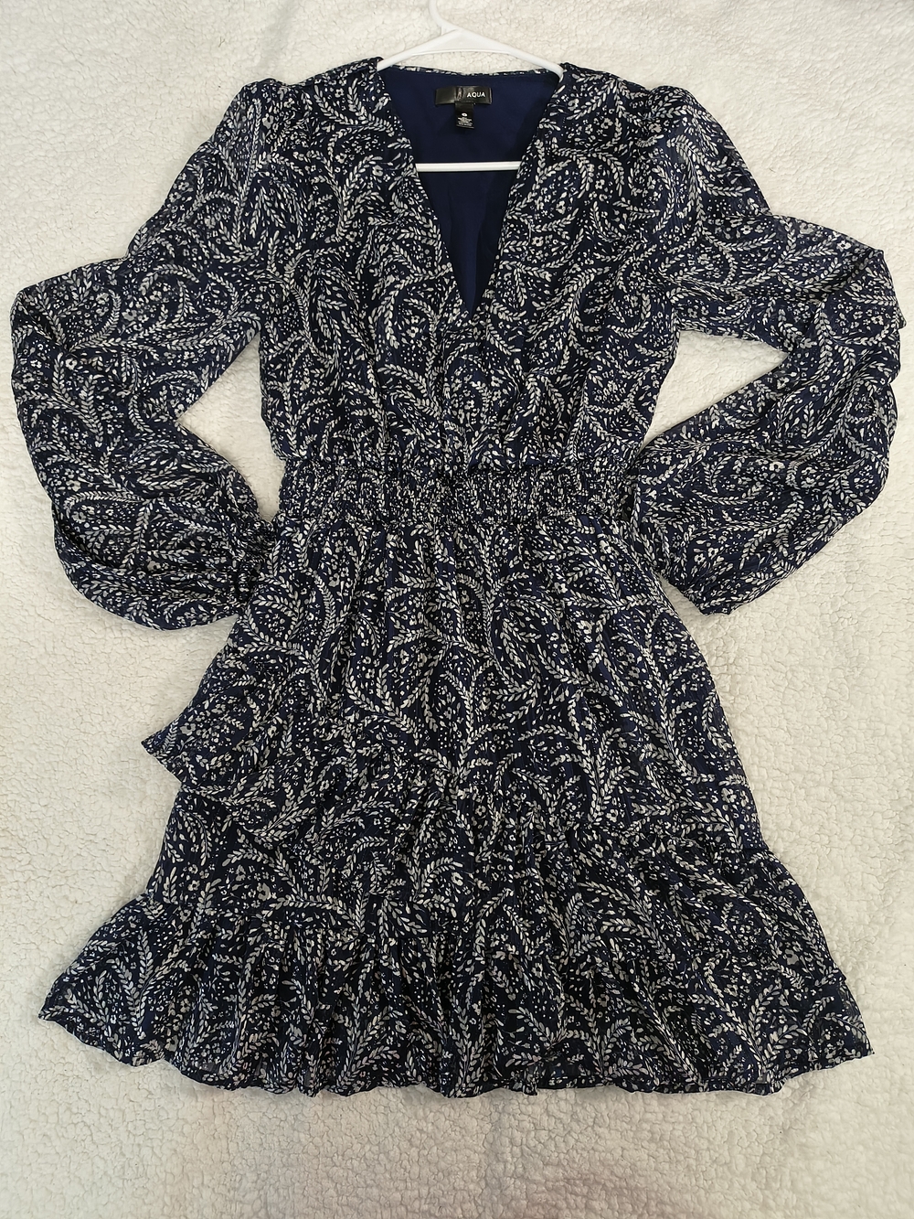 Aqua Navy and White Long Sleeve Paisley V-Neck Dress